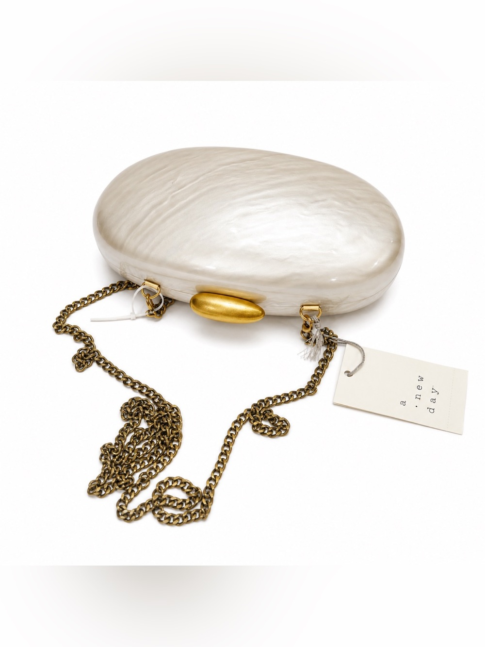 A New Day Pearl Ivory Oval Clutch glam Bag Gold Chain Evening Purse NWT